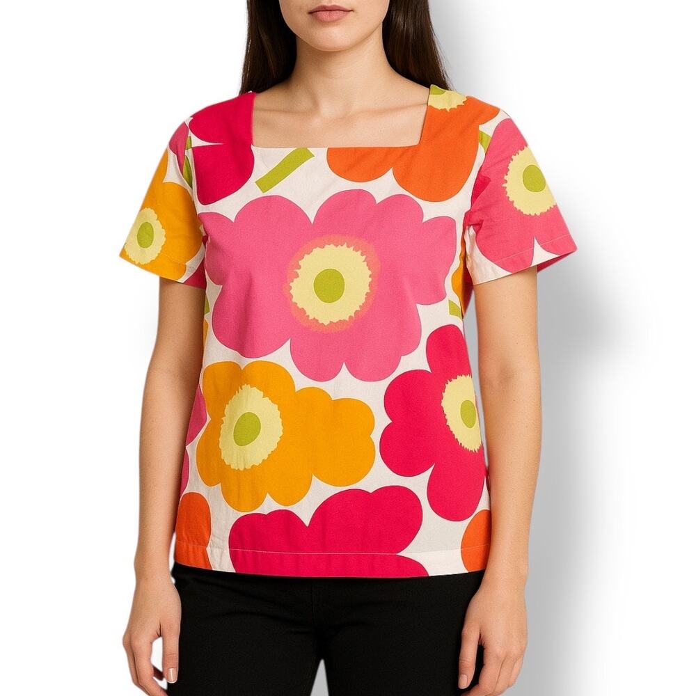 Handmade Mod Floral Square Neck Cotton Top OOAK Pink Orange Yellow Short Sleeve